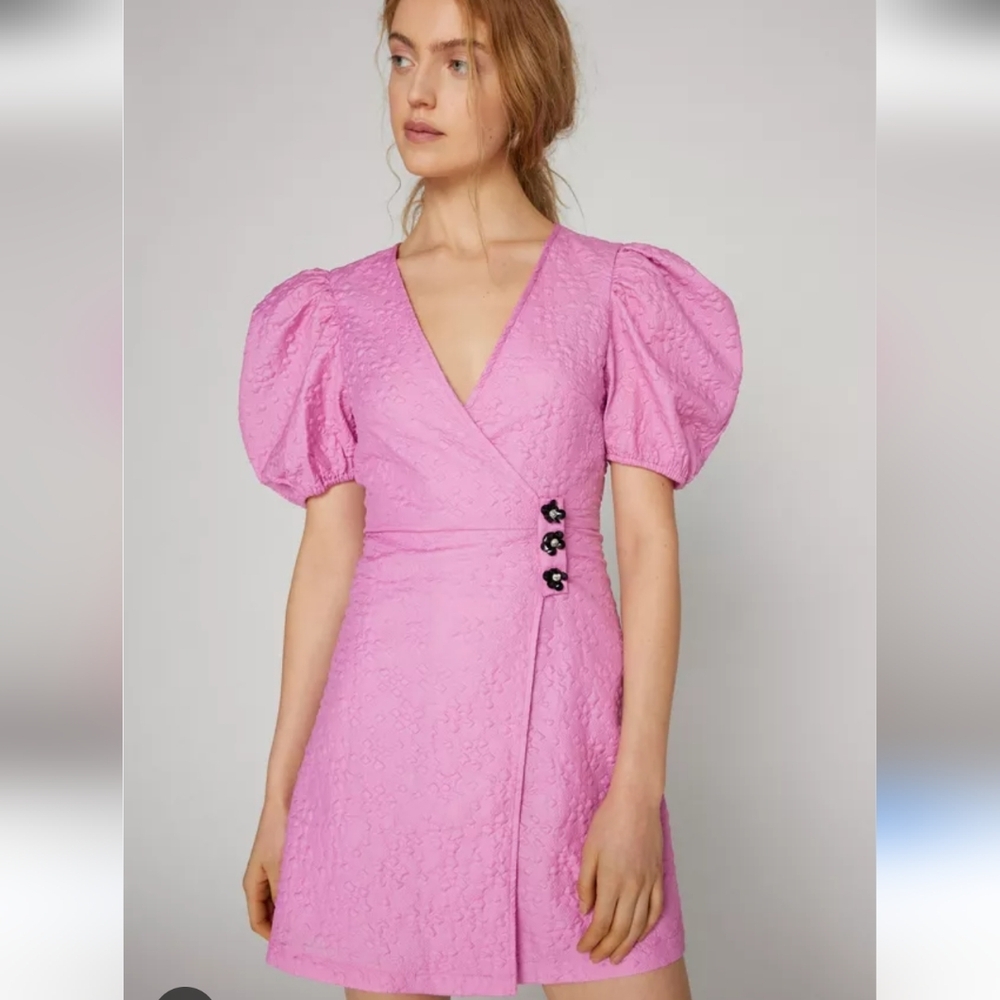 Sister Jane Pink Wrap Dress Puff Sleeves Asymmetrical